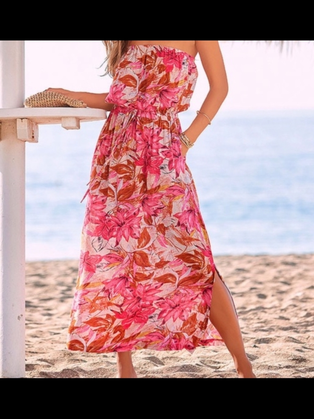 Strapless Lascana Floral Maxi Dress in Pink & Orange